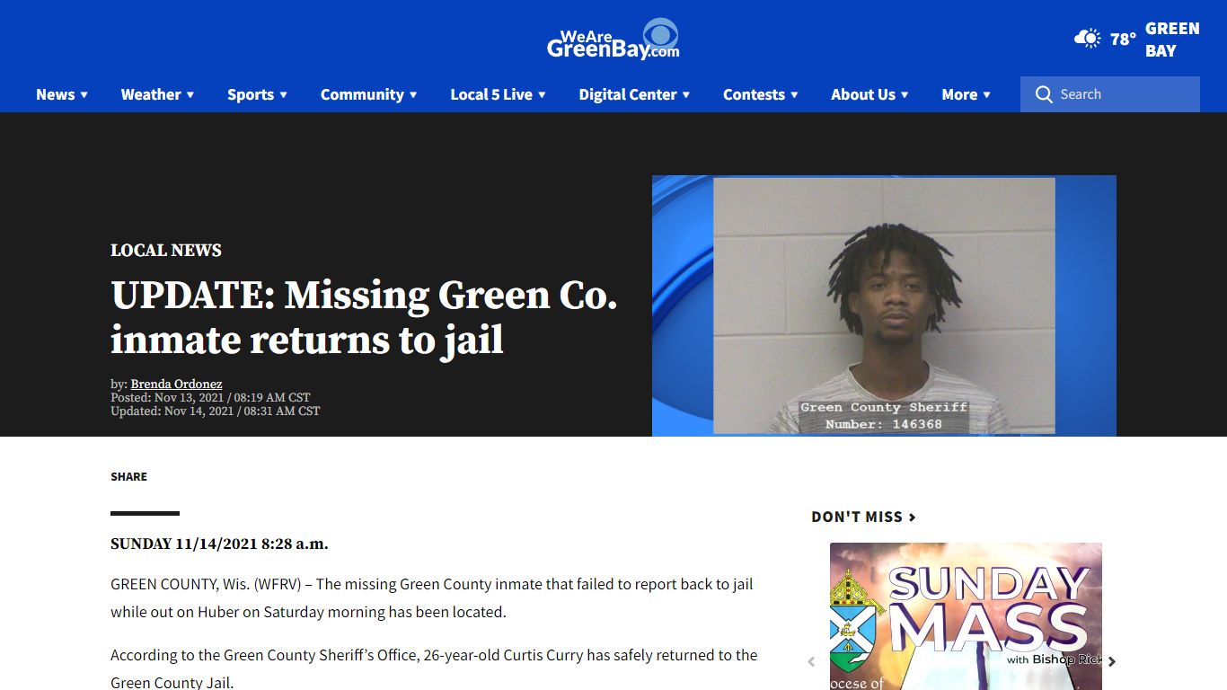 UPDATE: Missing Green Co. inmate returns to jail | WFRV ...